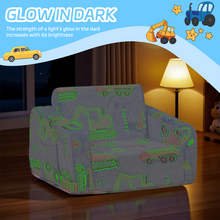 Load image into Gallery viewer, Toddler Couch 2-in-1 Glow in The Dark - Convertible Kids Sofa Chair to Lounger, Soft Plush Fold-Out Sofa Bed with Side Pocket, Washable Cover, Safe Non-Toxic Furniture for Boys Girls (Blue Car)