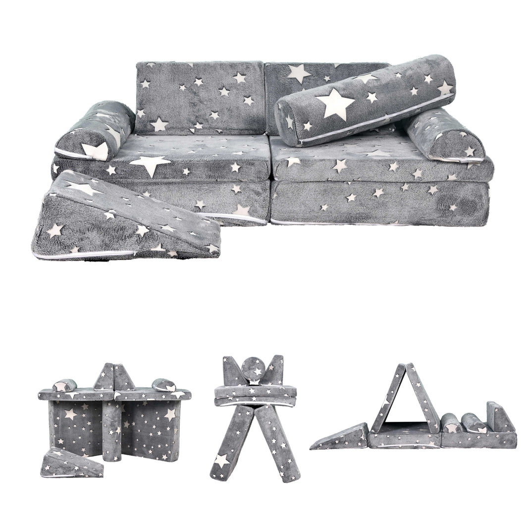 9PCS Sectional Sofa for Creative Kids Girls and Boys Bedroom, Grey Star HLD082