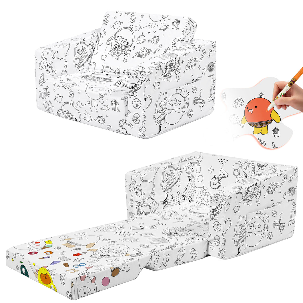 2-in-1 Toddler Sofa Bed - Fairy Tale Coloring Kids Couch for Playroom, Convertible Sofa to Lounger Washable Cover